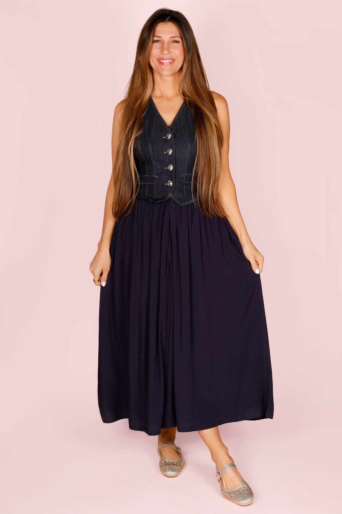Indigo Denim Vest Midi Dress