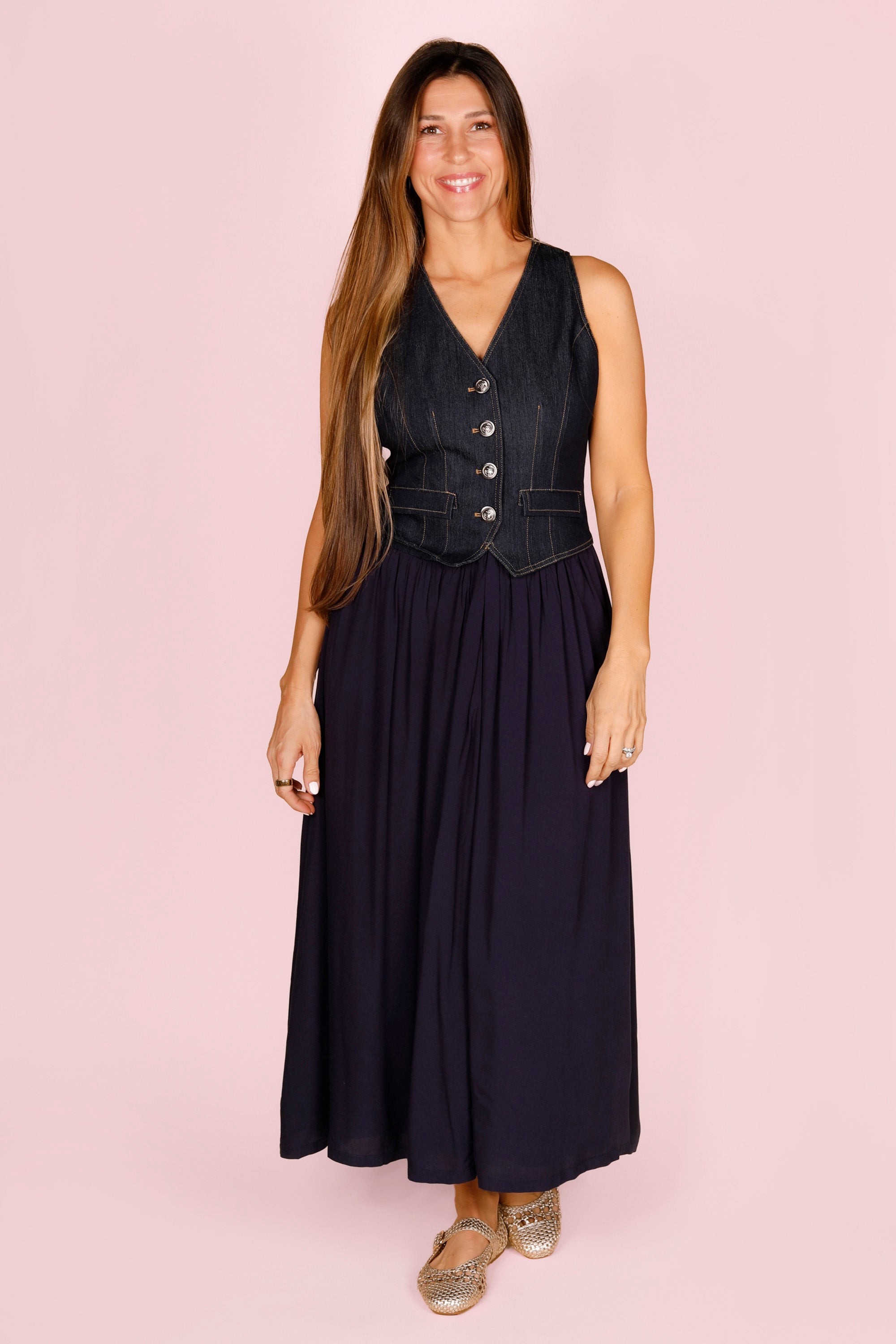 Indigo Denim Vest Midi Dress