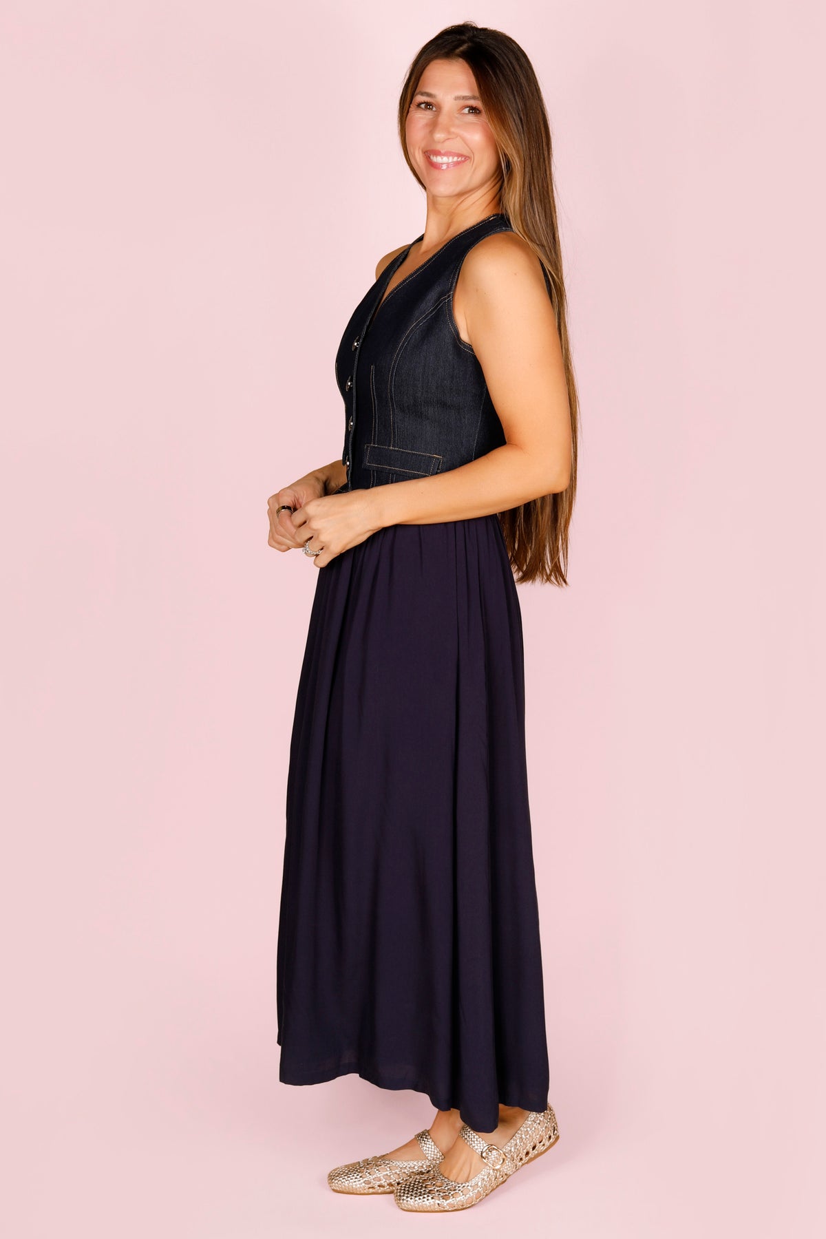 dress with denim vest Indigo Denim Vest Midi Dress