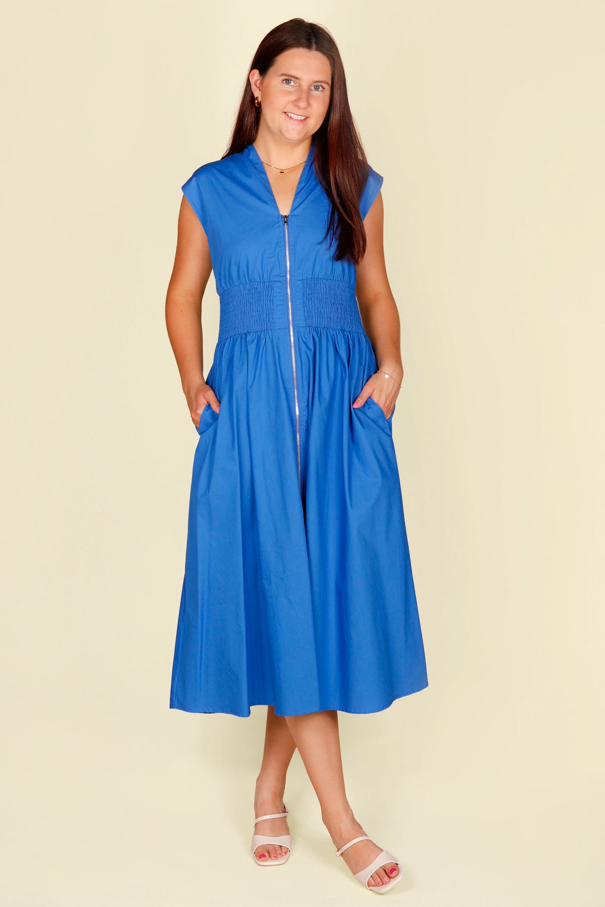 blue smocked dress Royal Blue Zip Smocked Dress
