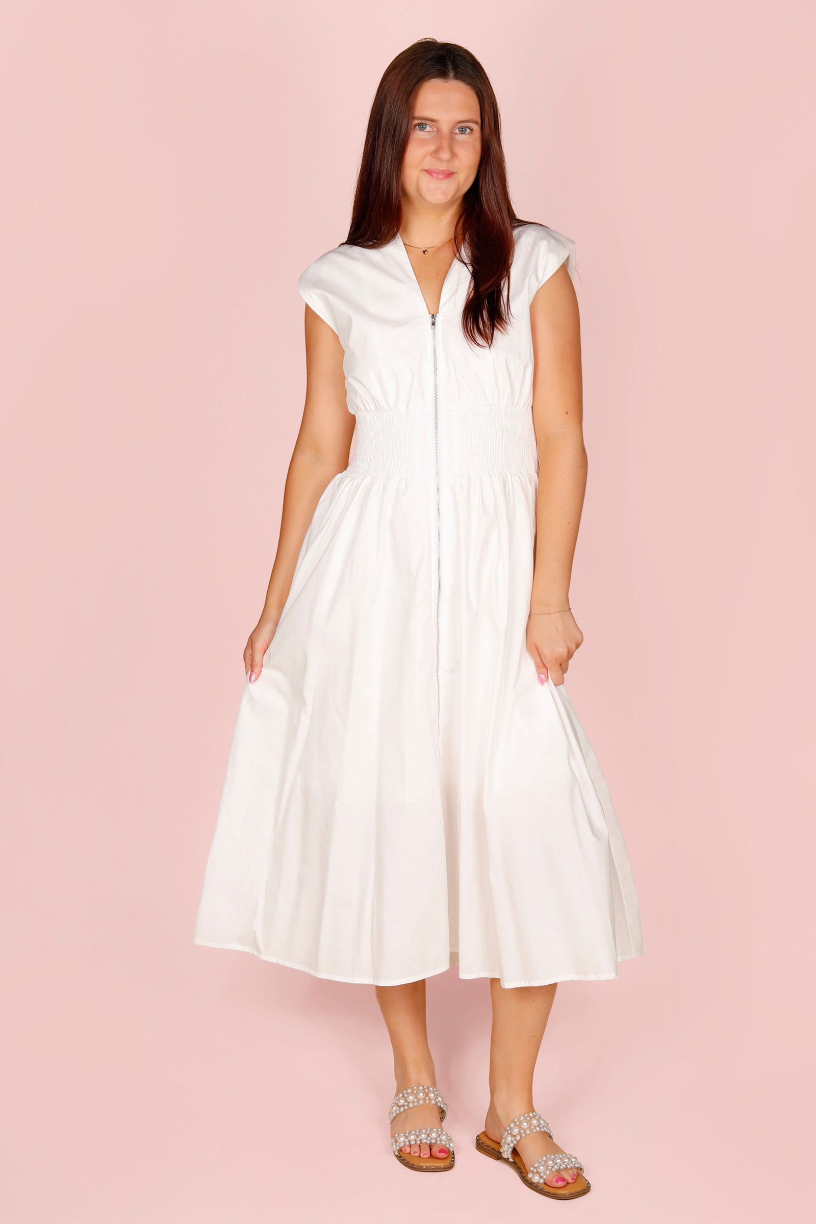White Zip Smocked Dress