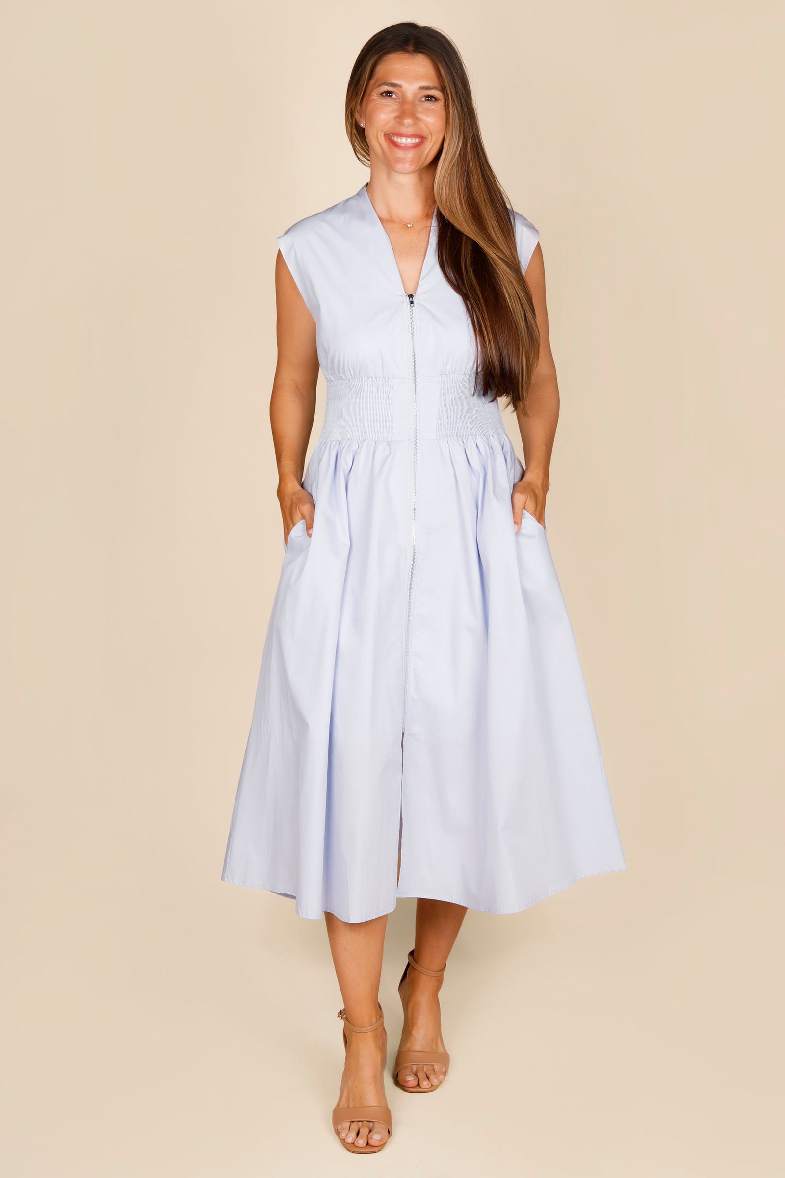 Light Blue Zip Smocked Dress