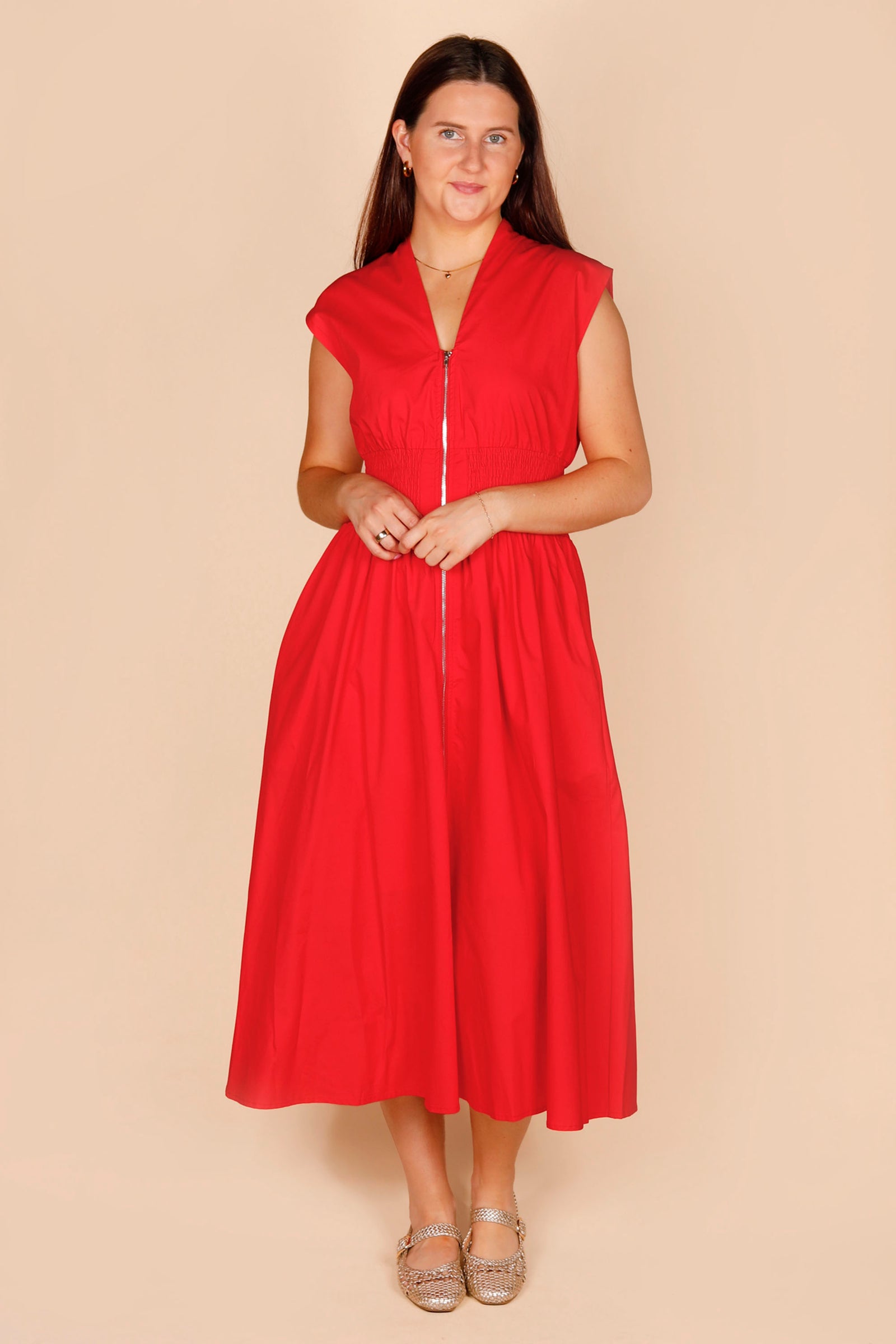 Red Zip Smocked Dress