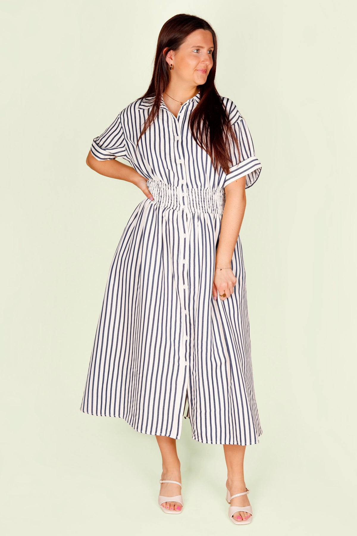 Navy Striped Smocked Midi Dress
