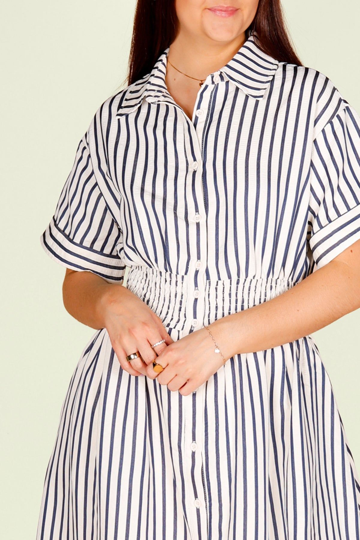 Navy Striped Smocked Midi Dress