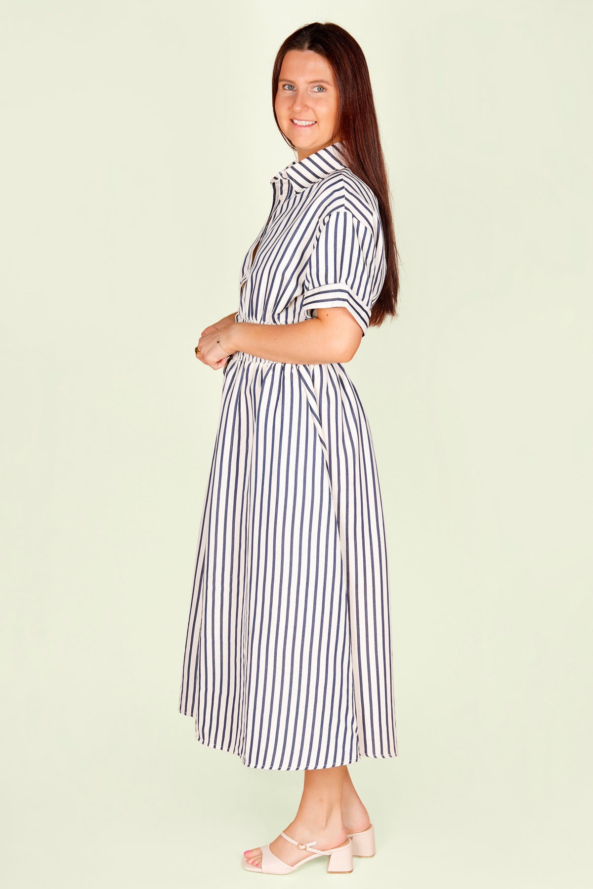 Navy Striped Smocked Midi Dress