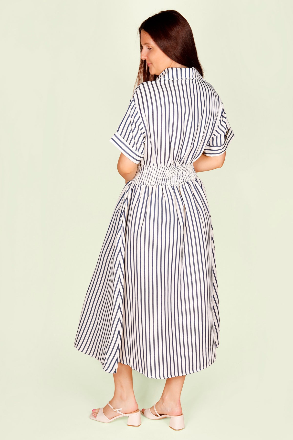 Navy Striped Smocked Midi Dress