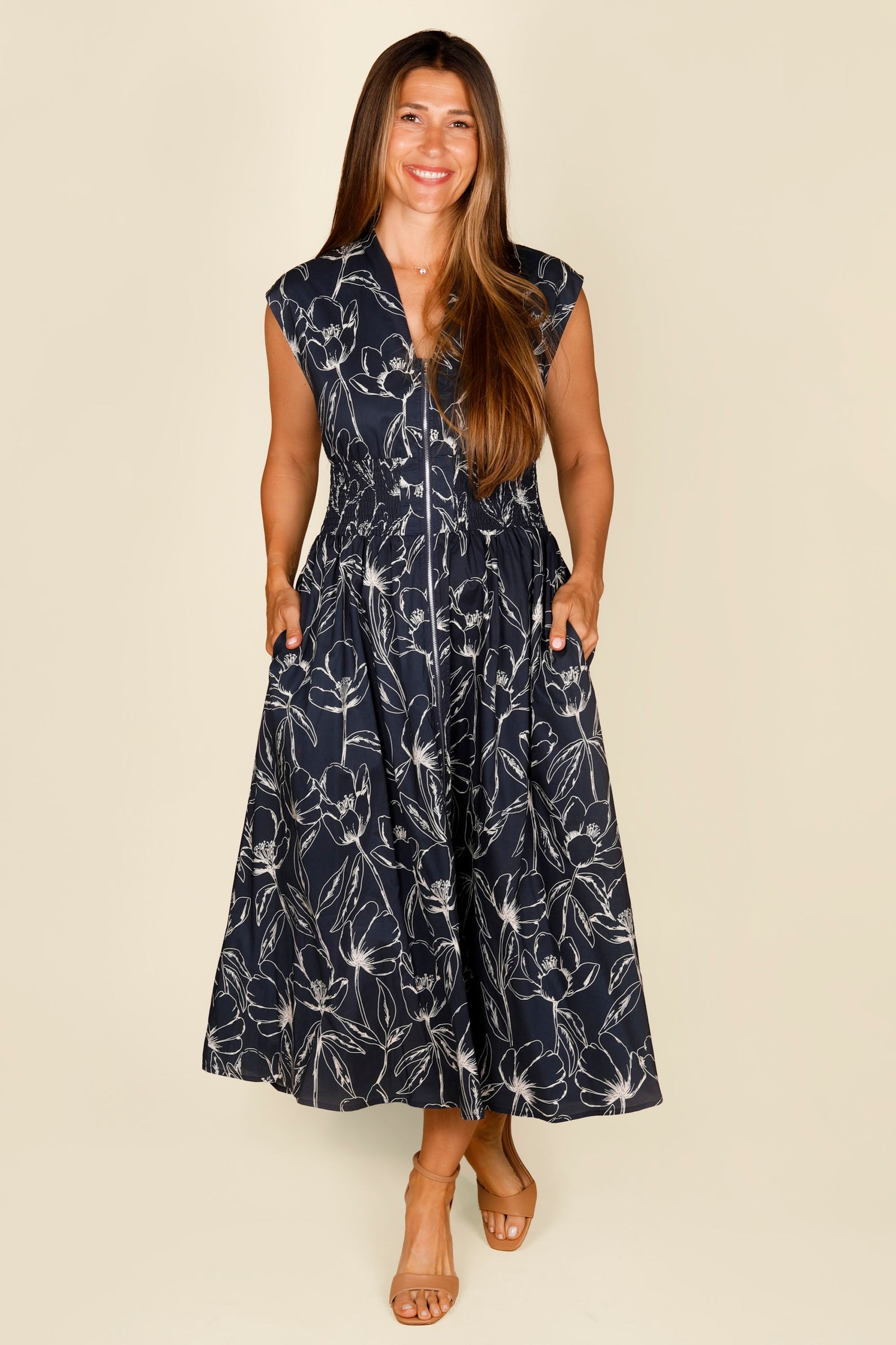 Navy Floral Zip Smocked Dress