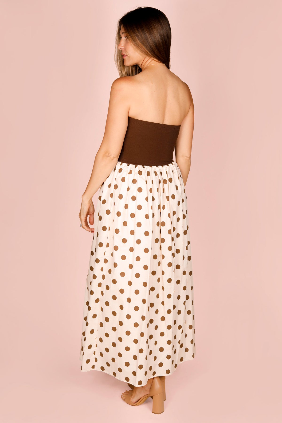 strapless polka dot dress Brown Polka Dot Strapless Dress