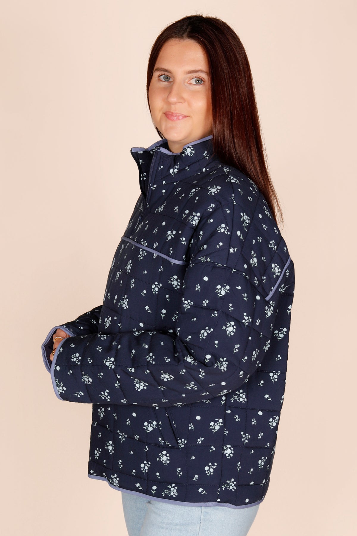 Navy Floral Quilted Pullover Jacket