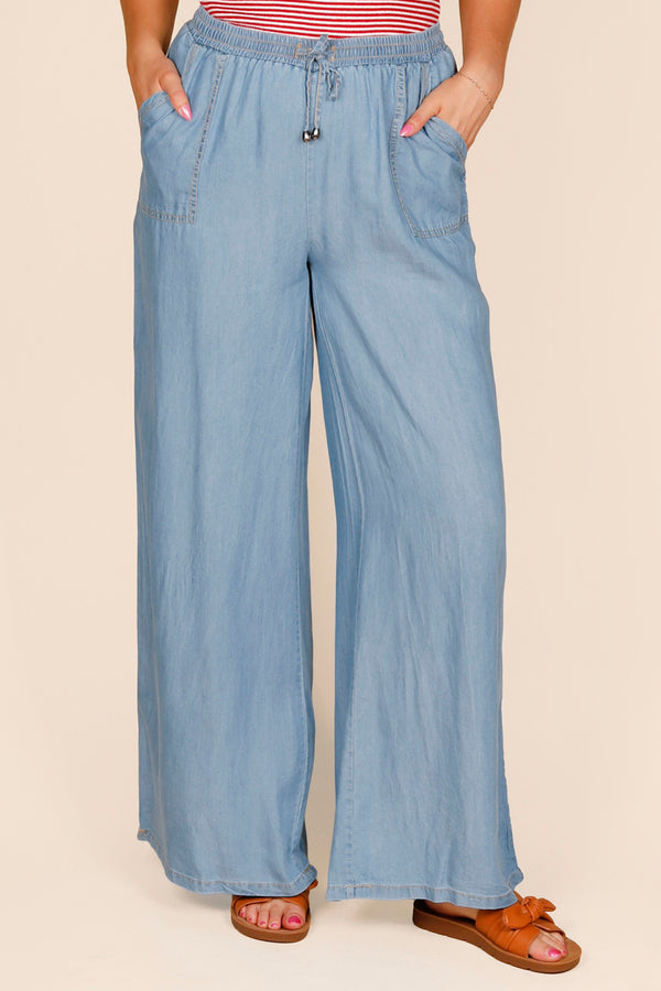 Khloe Chambray Medium Denim Pant - White Lemon