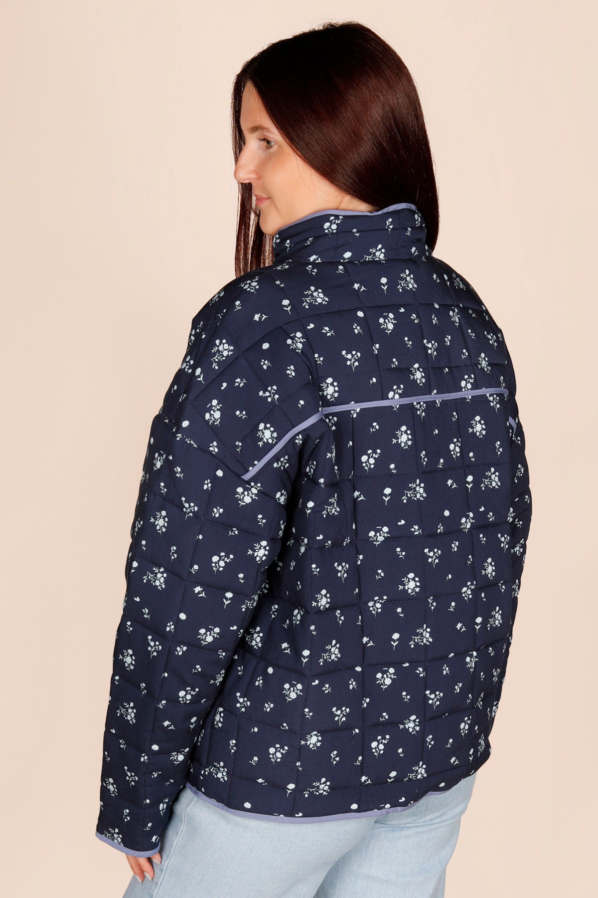 Navy Floral Quilted Pullover Jacket