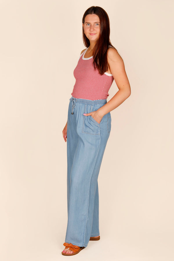 Khloe Chambray Medium Denim Pant - White Lemon