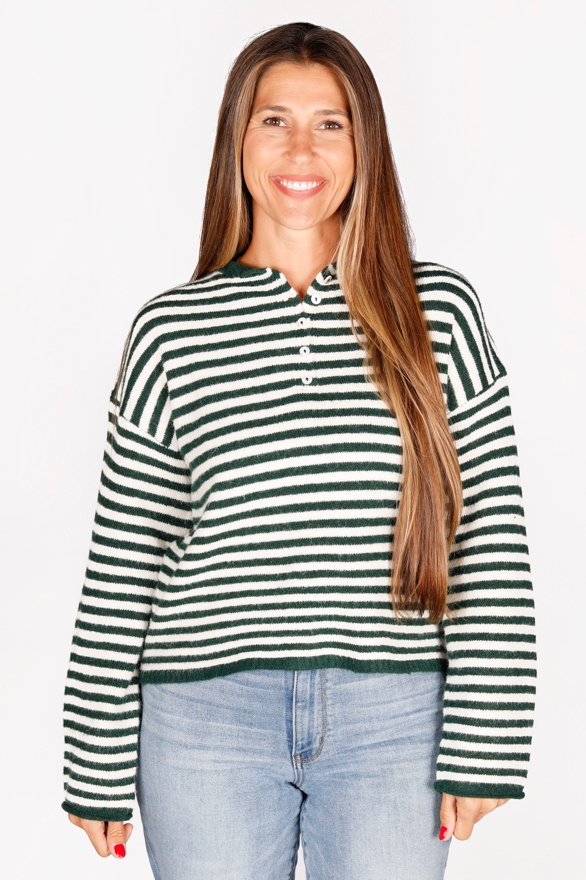 Green Striped Henley Sweater