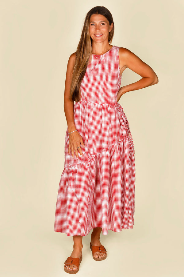 Red Gingham Asymmetrical Midi Dress