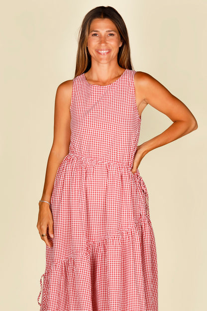 Red Gingham Asymmetrical Midi Dress - FINAL SALE