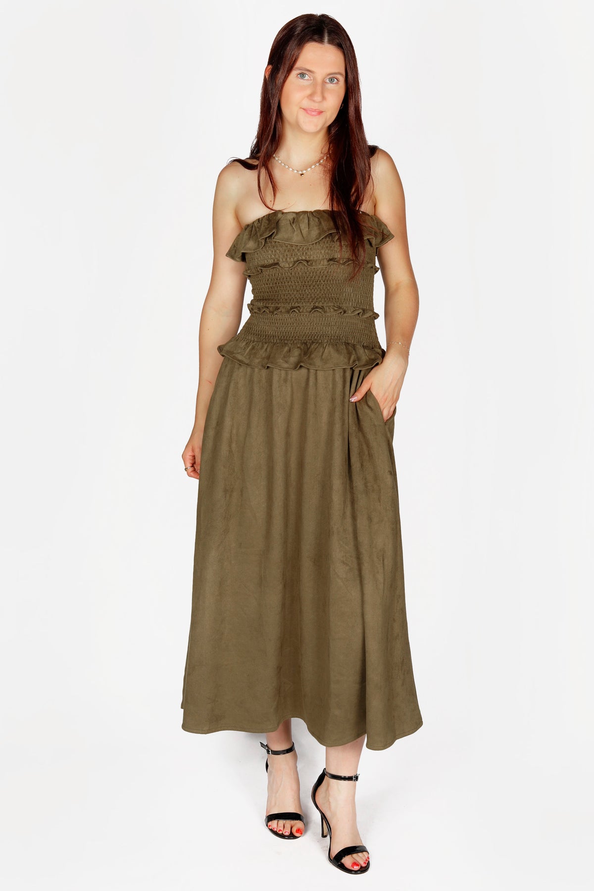 Olive Suede Ruffle Dress