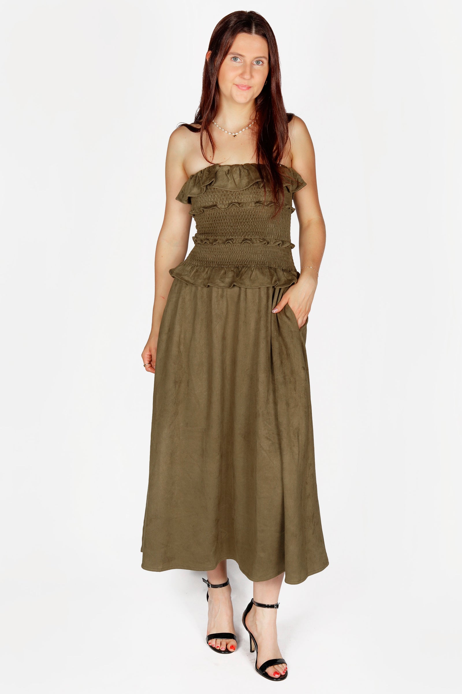 Olive Suede Ruffle Dress