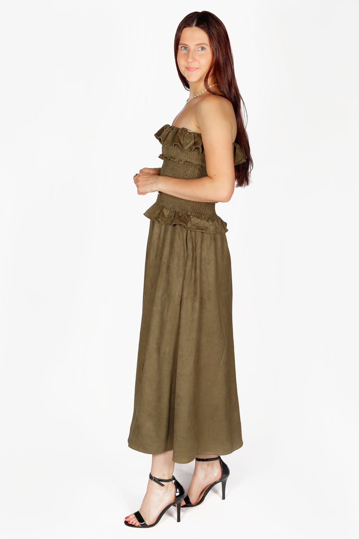 Olive Suede Ruffle Dress