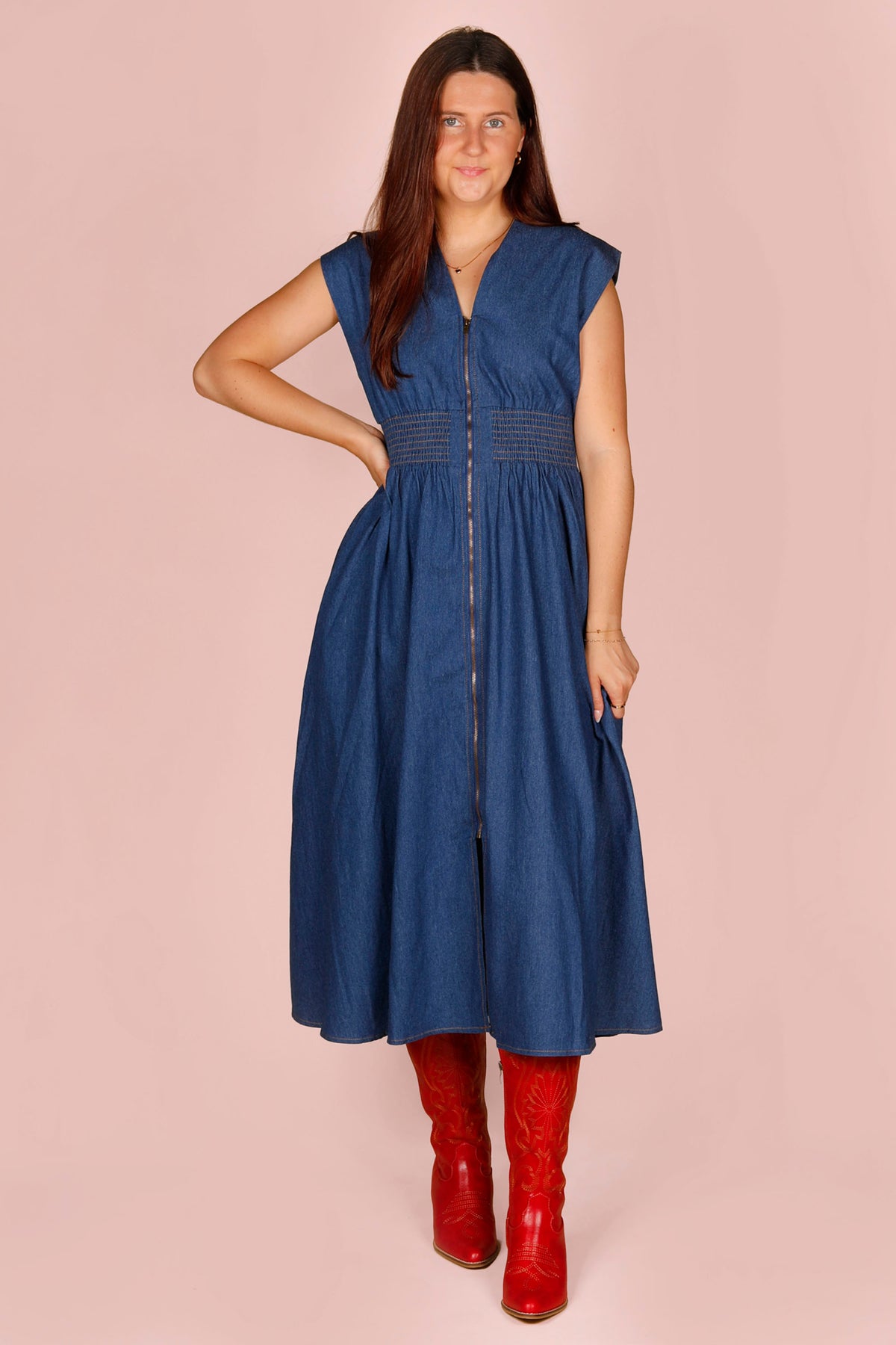 Denim Blue Zip Smocked Dress