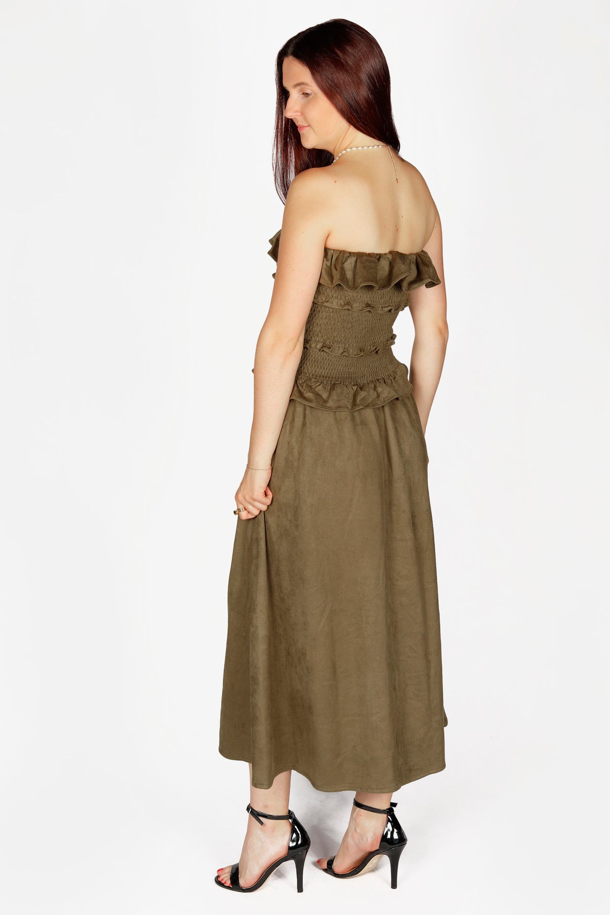 Olive Suede Ruffle Dress