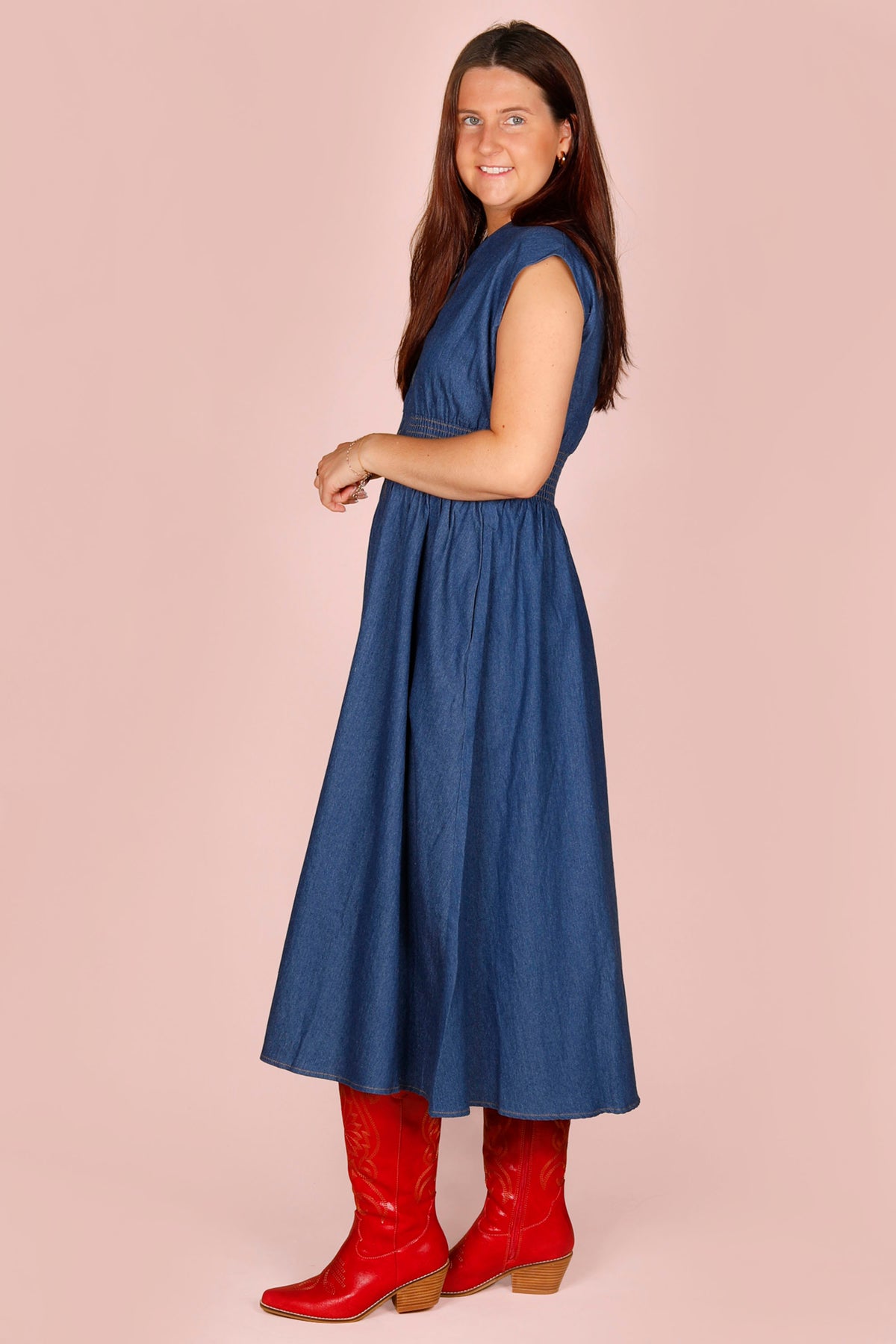 Denim Blue Zip Smocked Dress