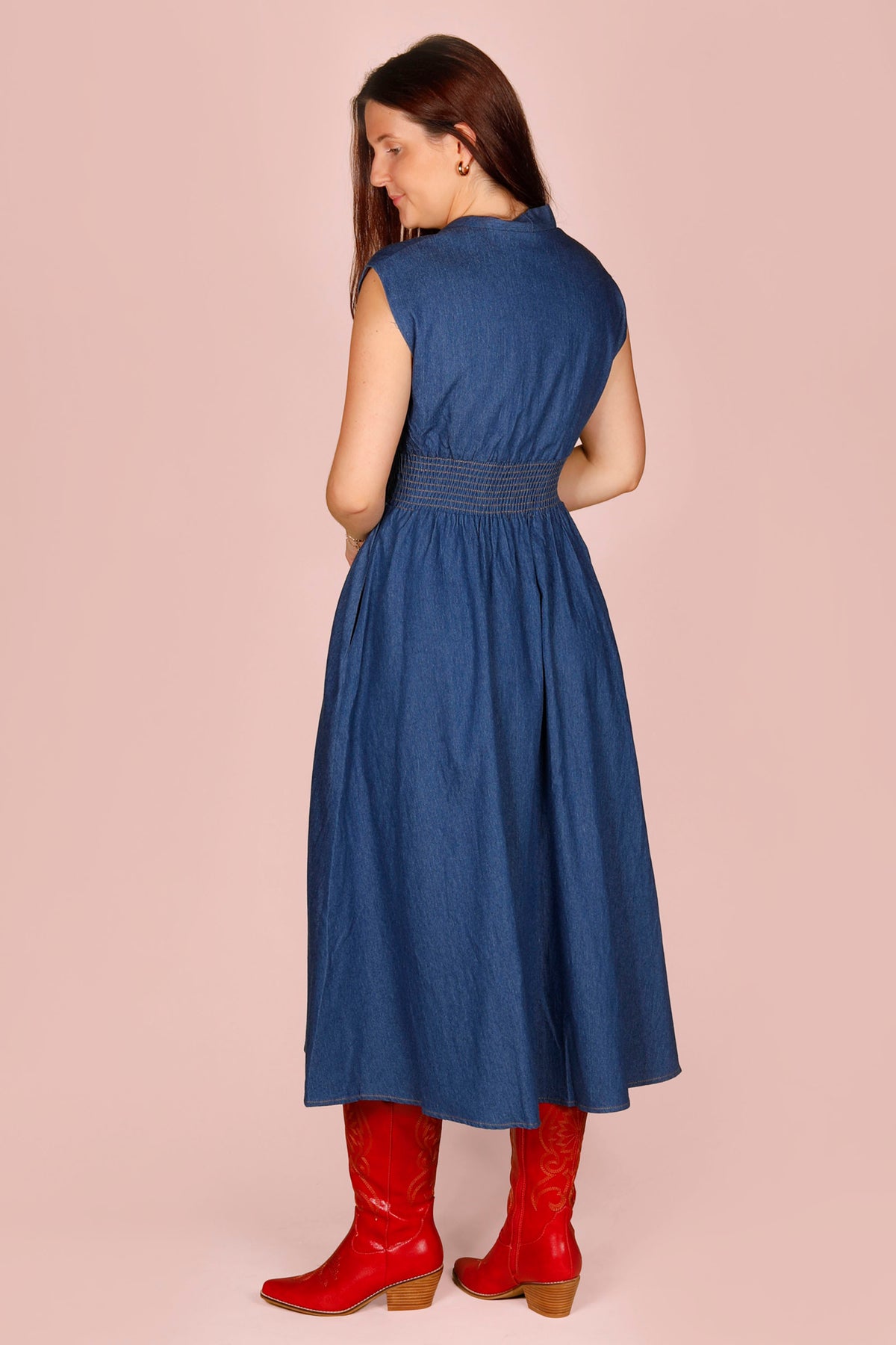 Denim Blue Zip Smocked Dress