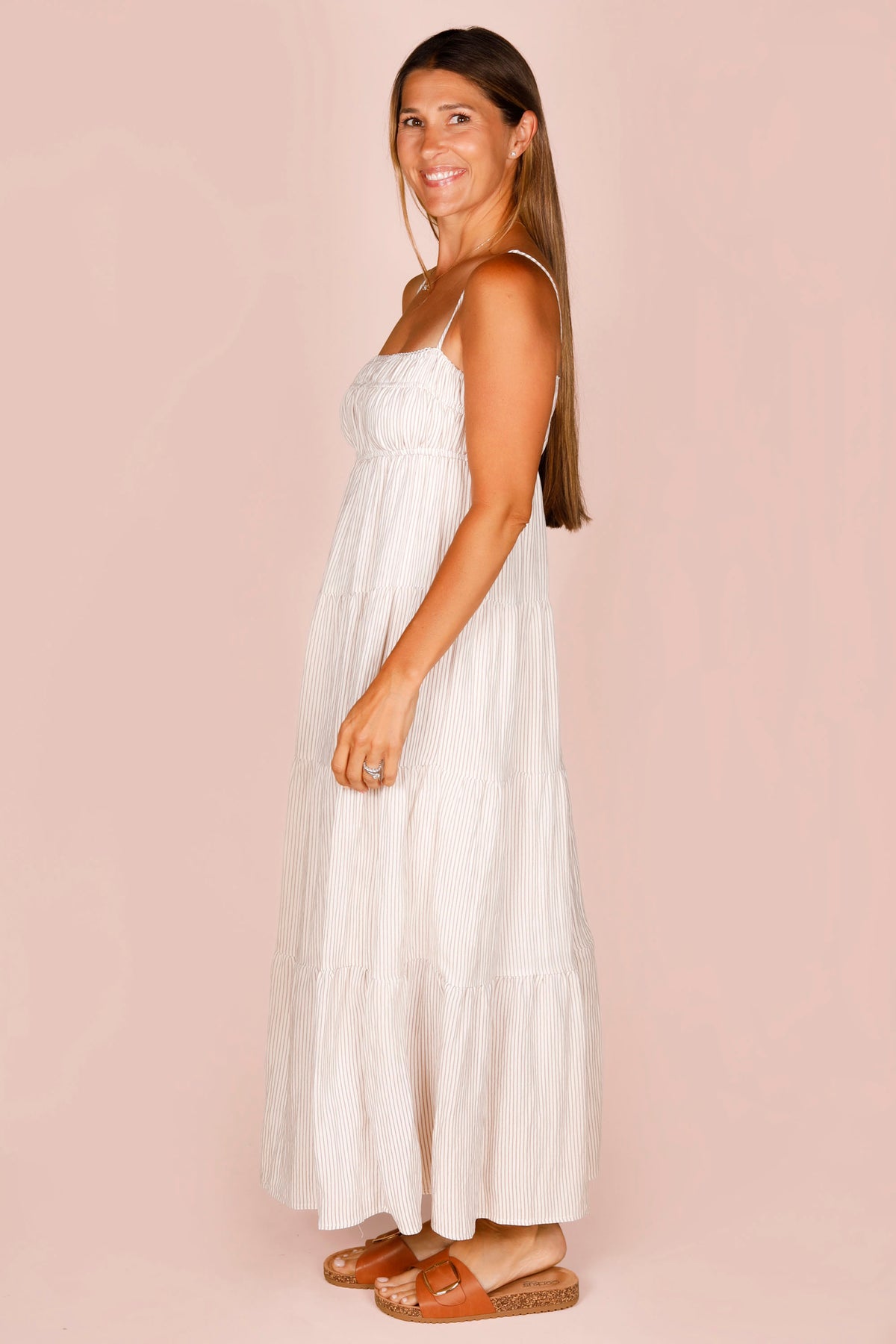 Callie Tan Striped Midi Dress