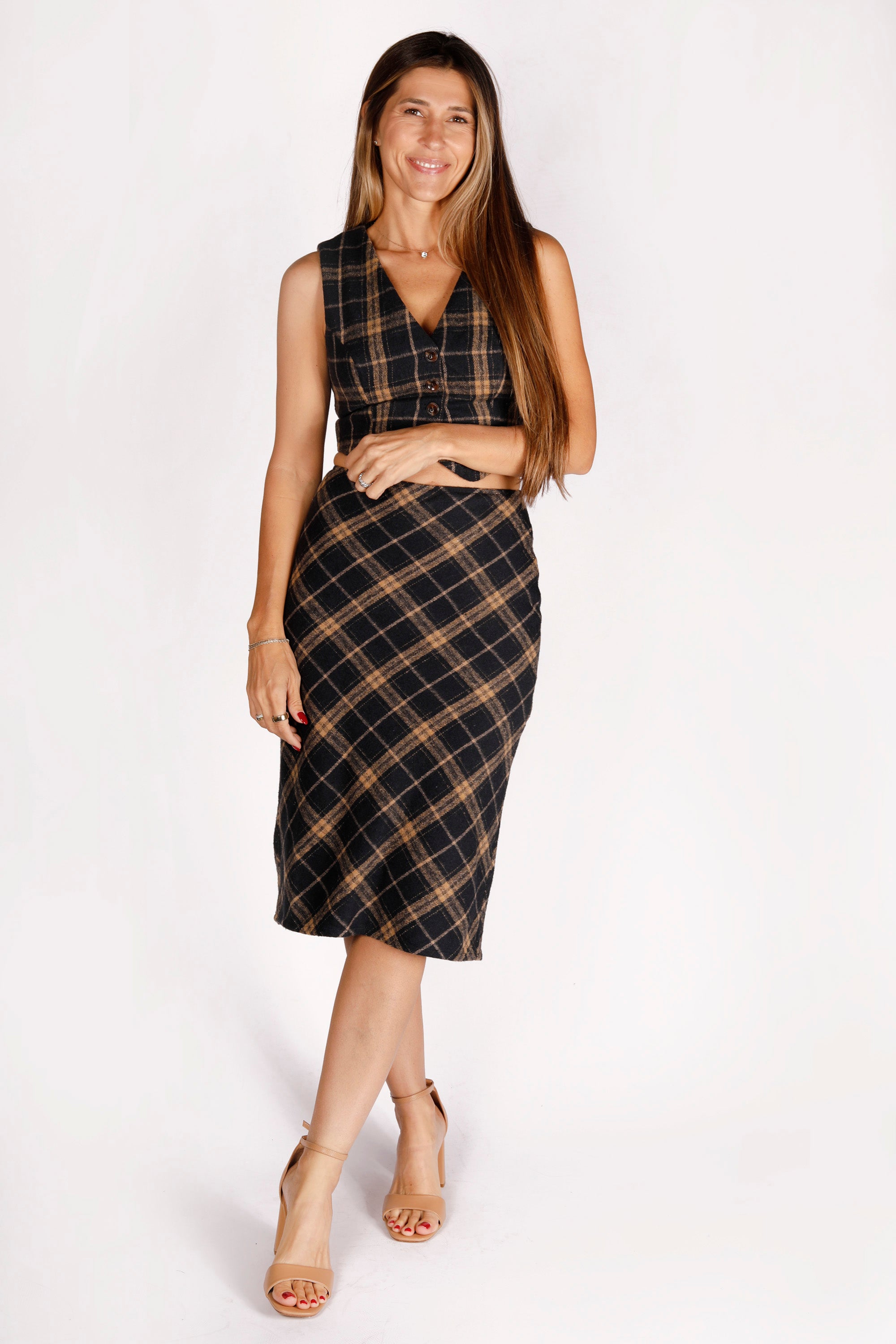 Navy Plaid Midi Skirt