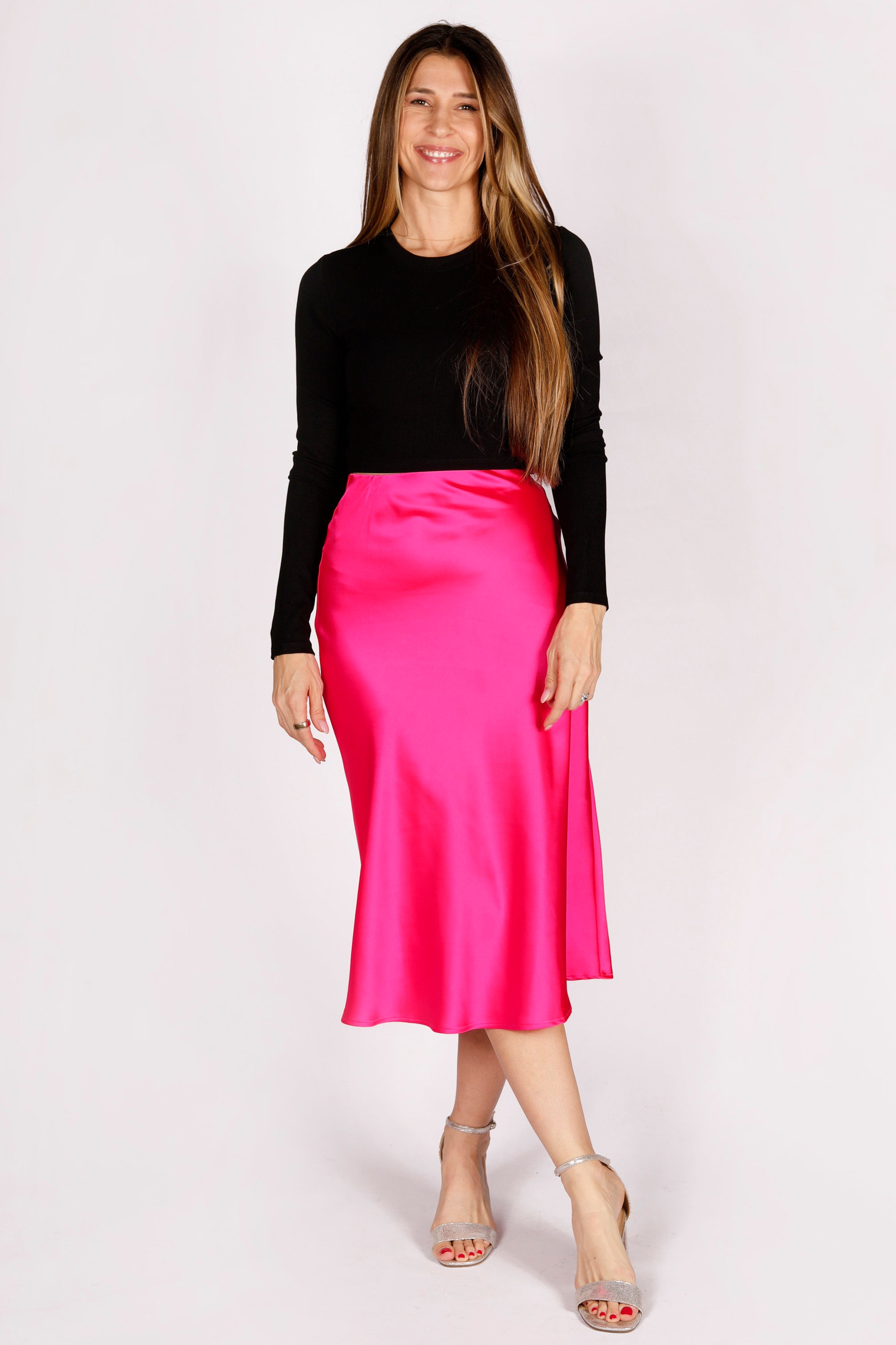 Hot Pink Satin Midi Skirt