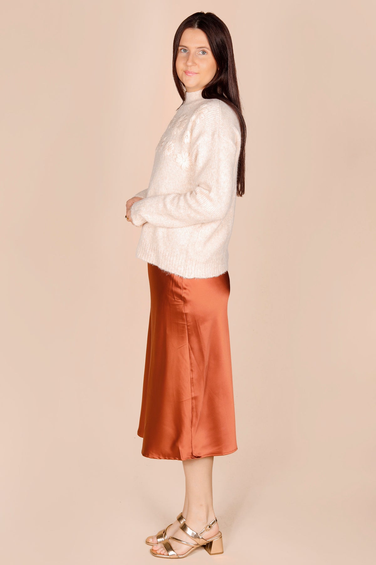 Copper Satin Midi Skirt