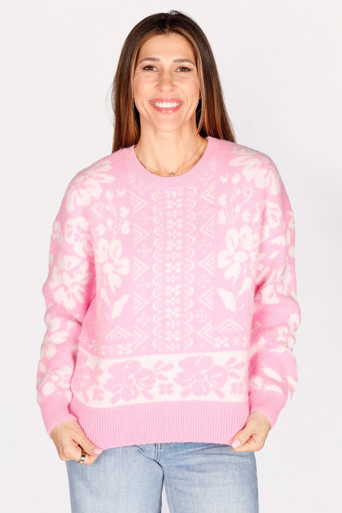 Pink Geo Floral Sweater