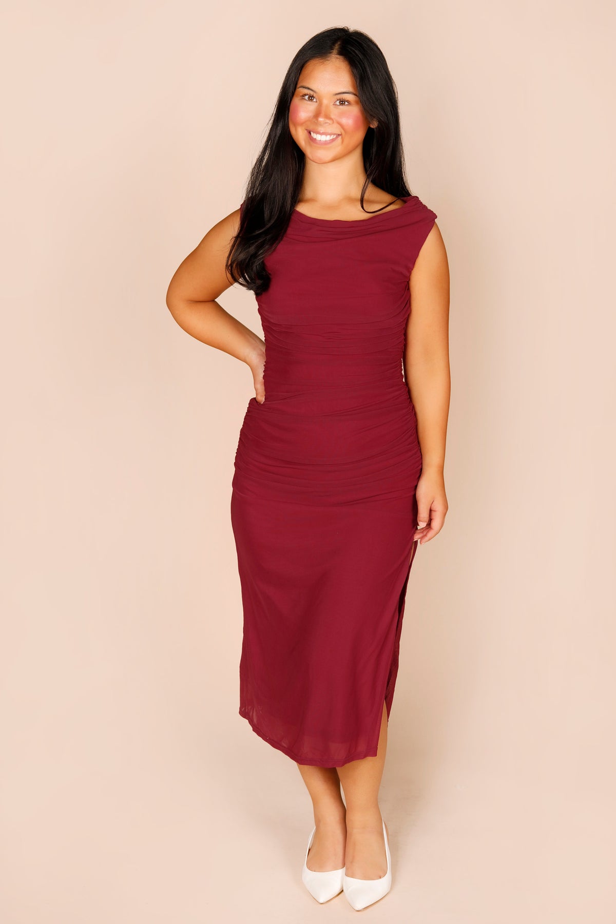 Dark Rose Ruched Mesh Dress