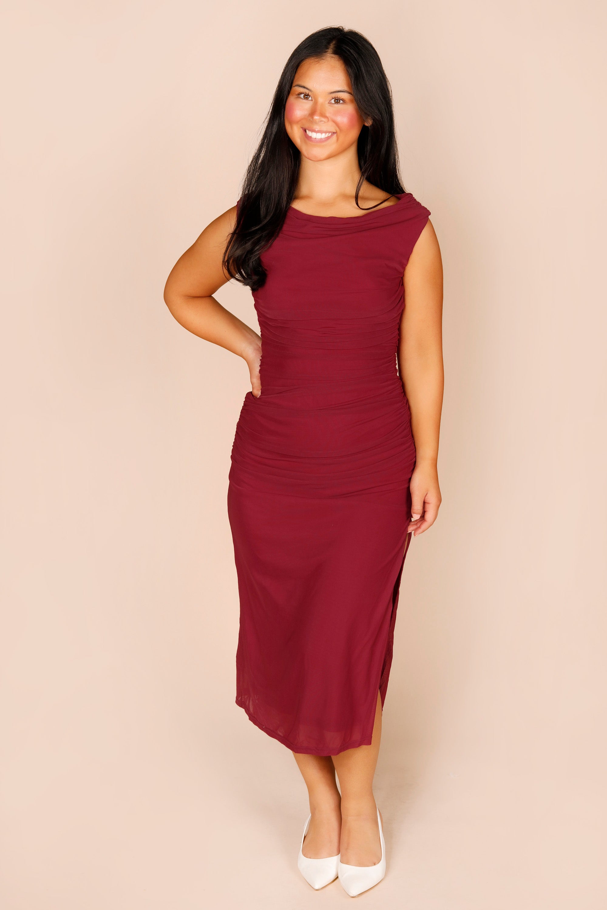 Dark Rose Ruched Mesh Dress
