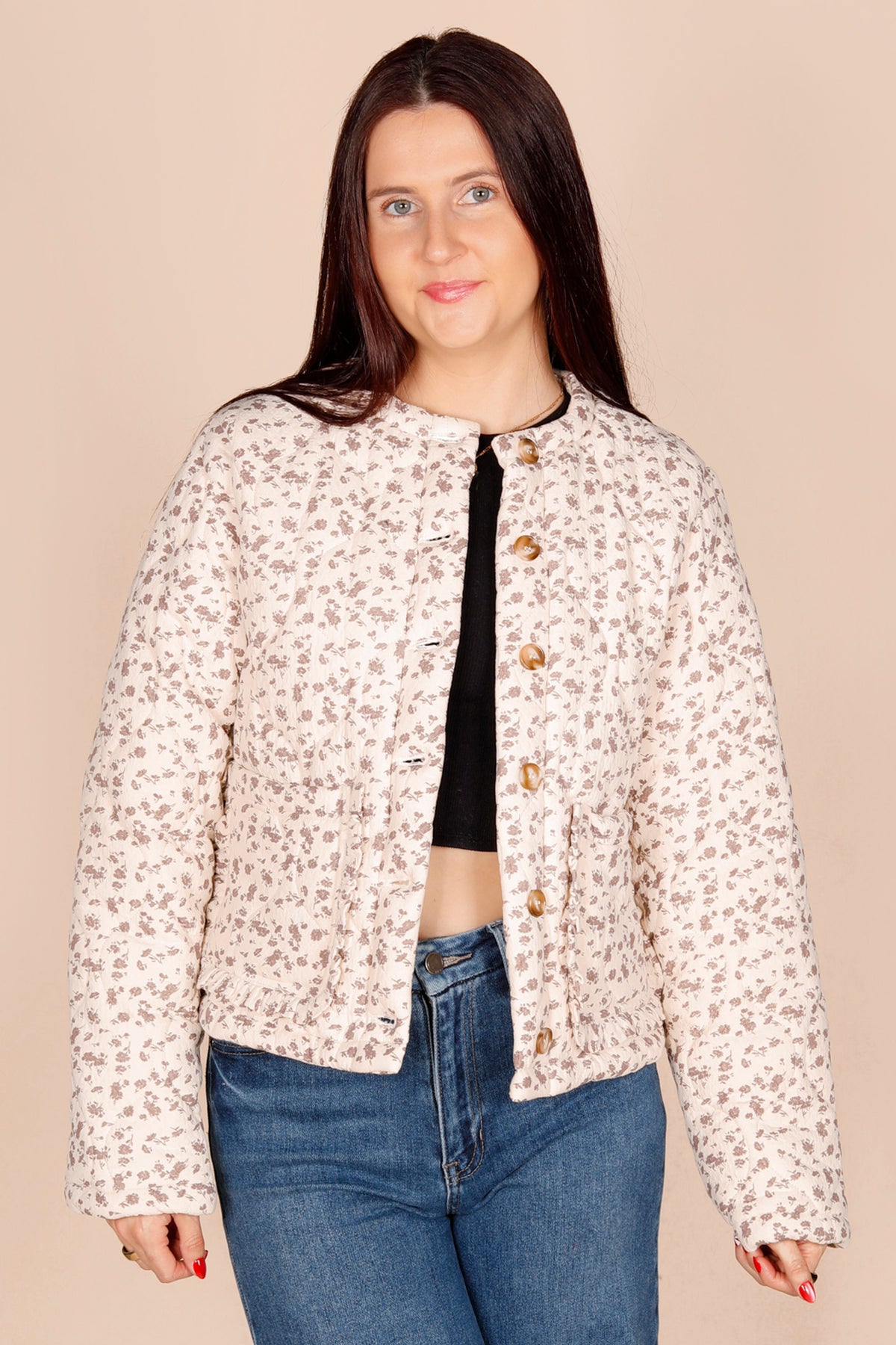 Cream Flower Puffer Jacket