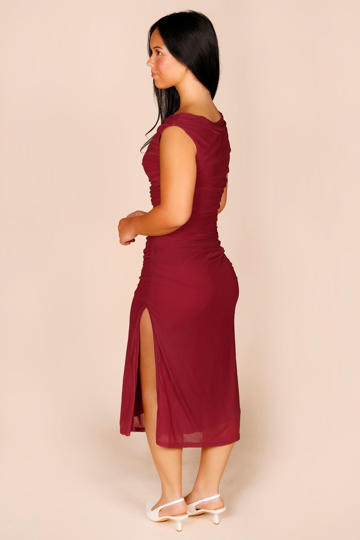 Dark Rose Ruched Mesh Dress