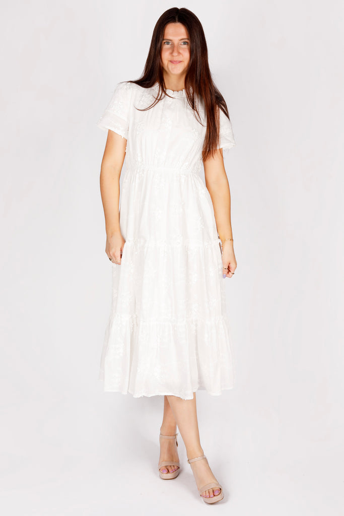 green emerald velvet dress Emily White Embroidered Midi Dress
