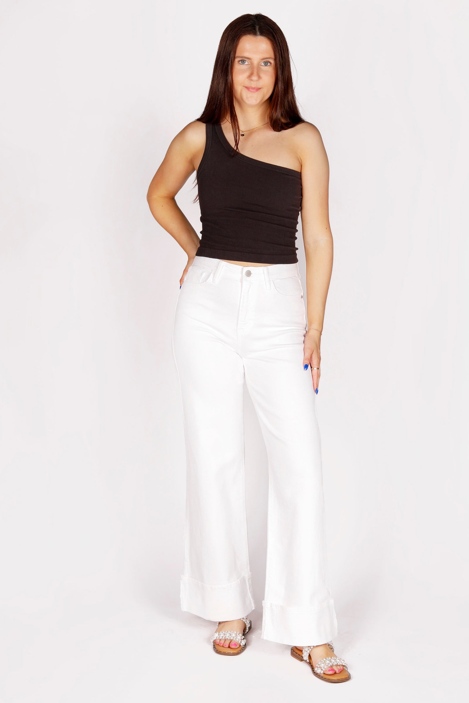 Cuffed White Palazzo Denim
