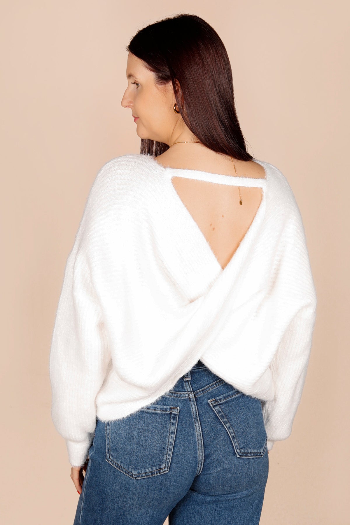 Aspen White Open Back Sweater