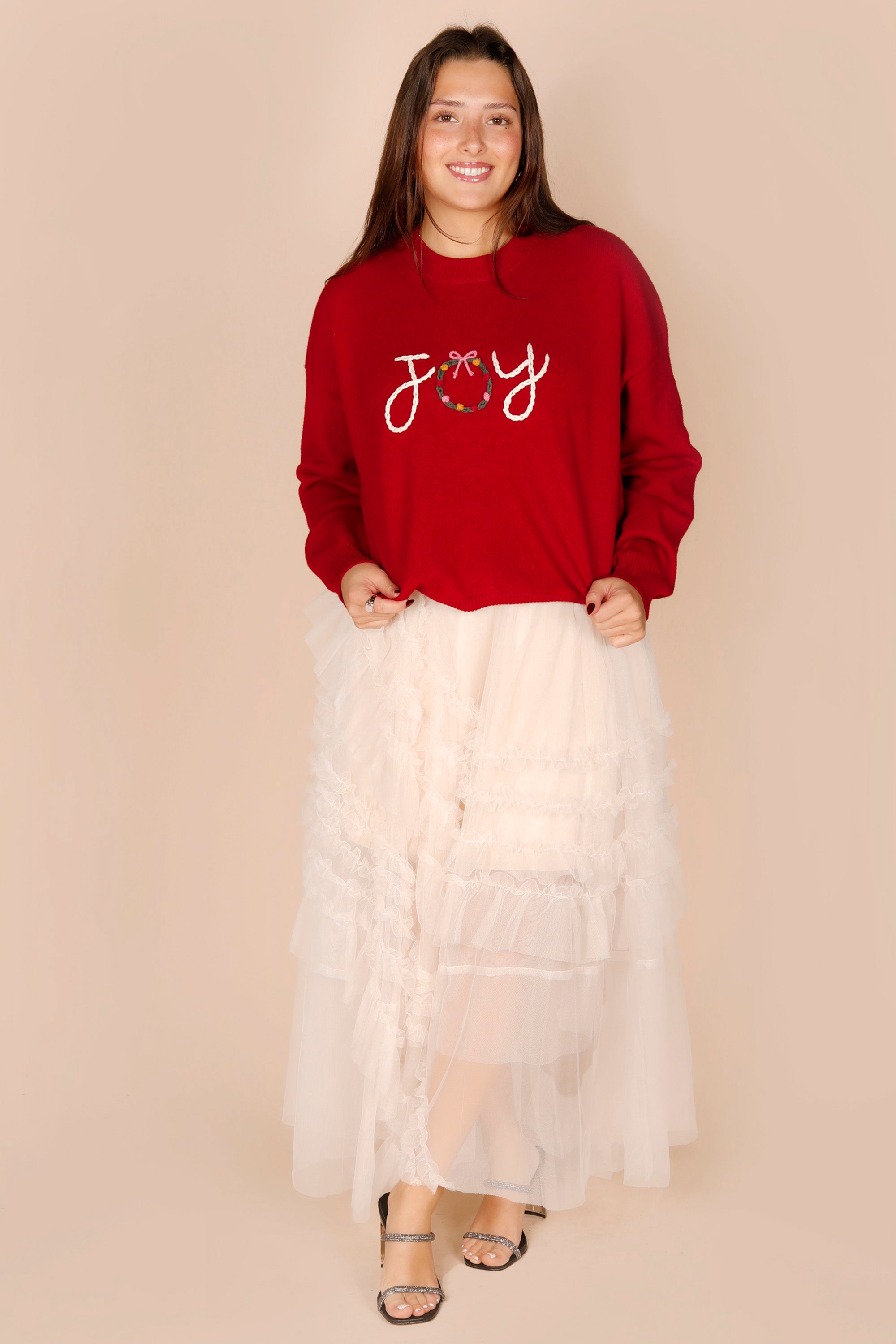 Cream Tulle Tiered Midi Skirt