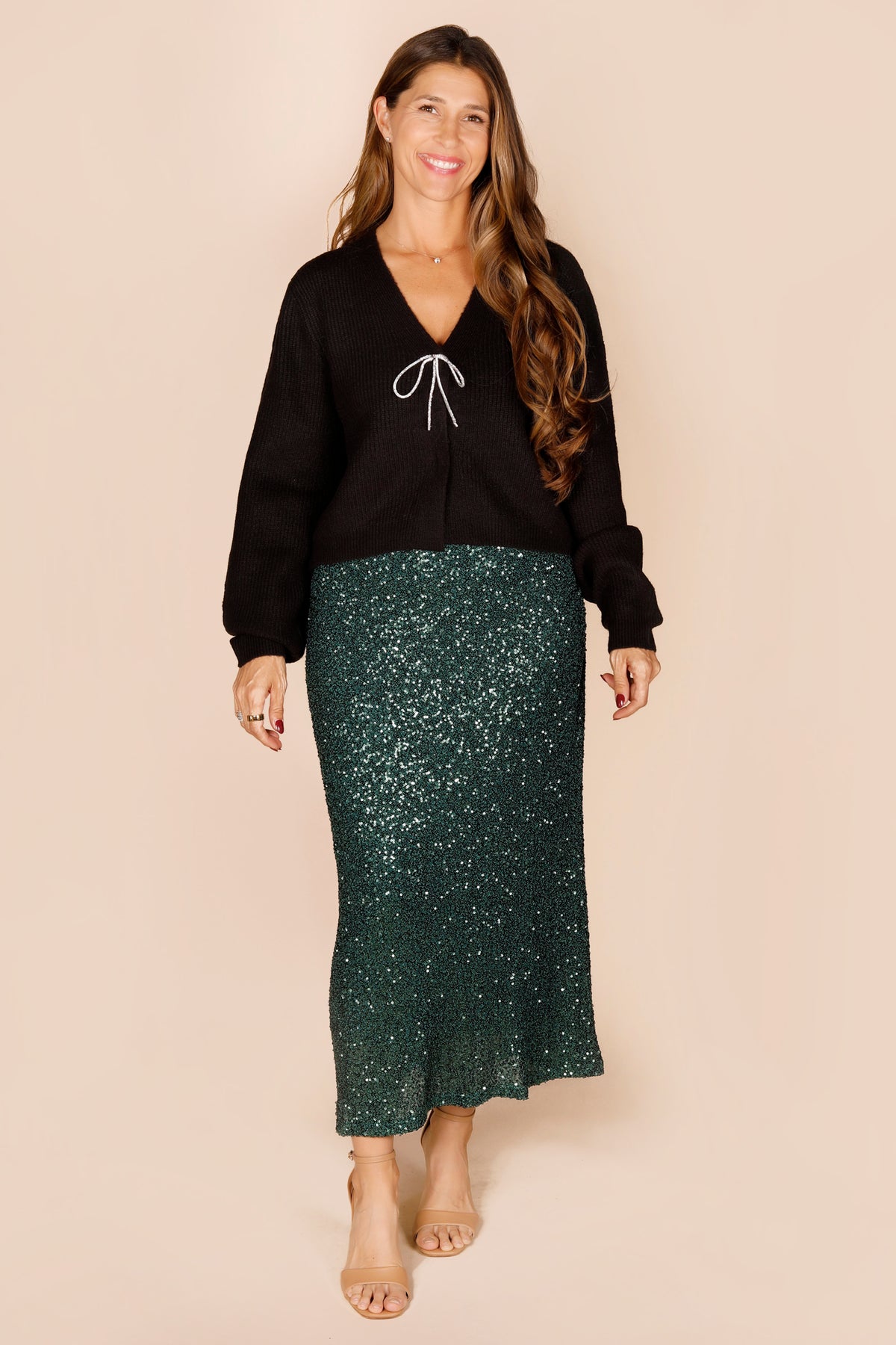 Deep Green Sequined Midi Skirt