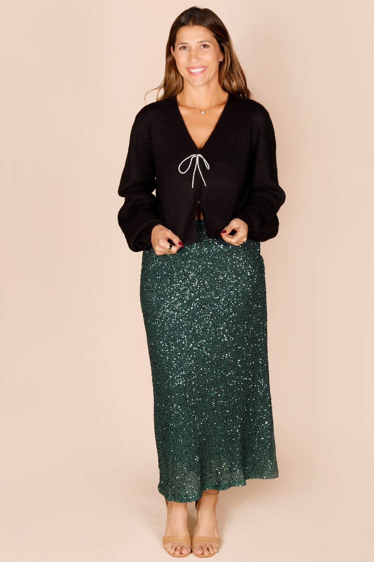 Deep Green Sequined Midi Skirt