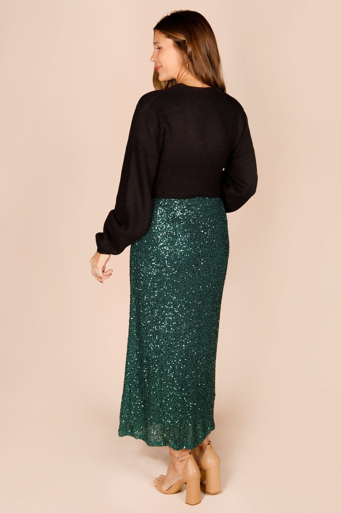 Deep Green Sequined Midi Skirt