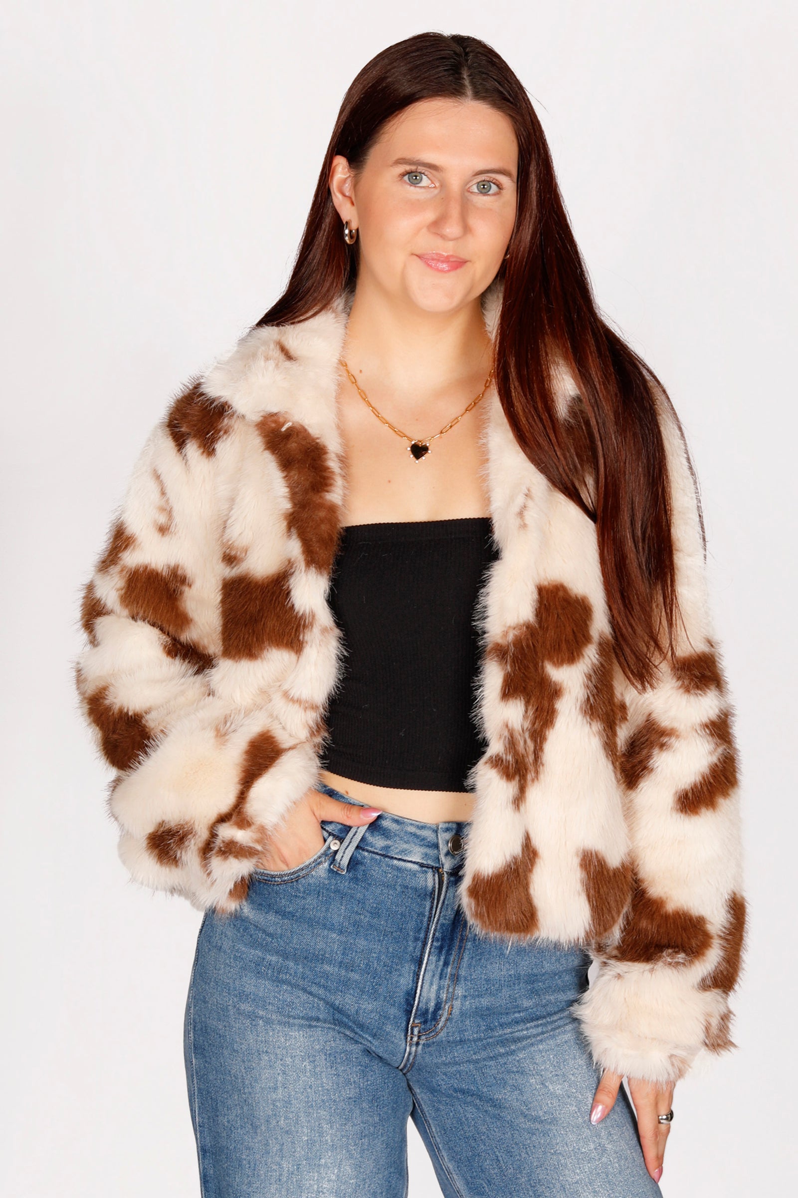 Cow Print Faux Fur Jacket