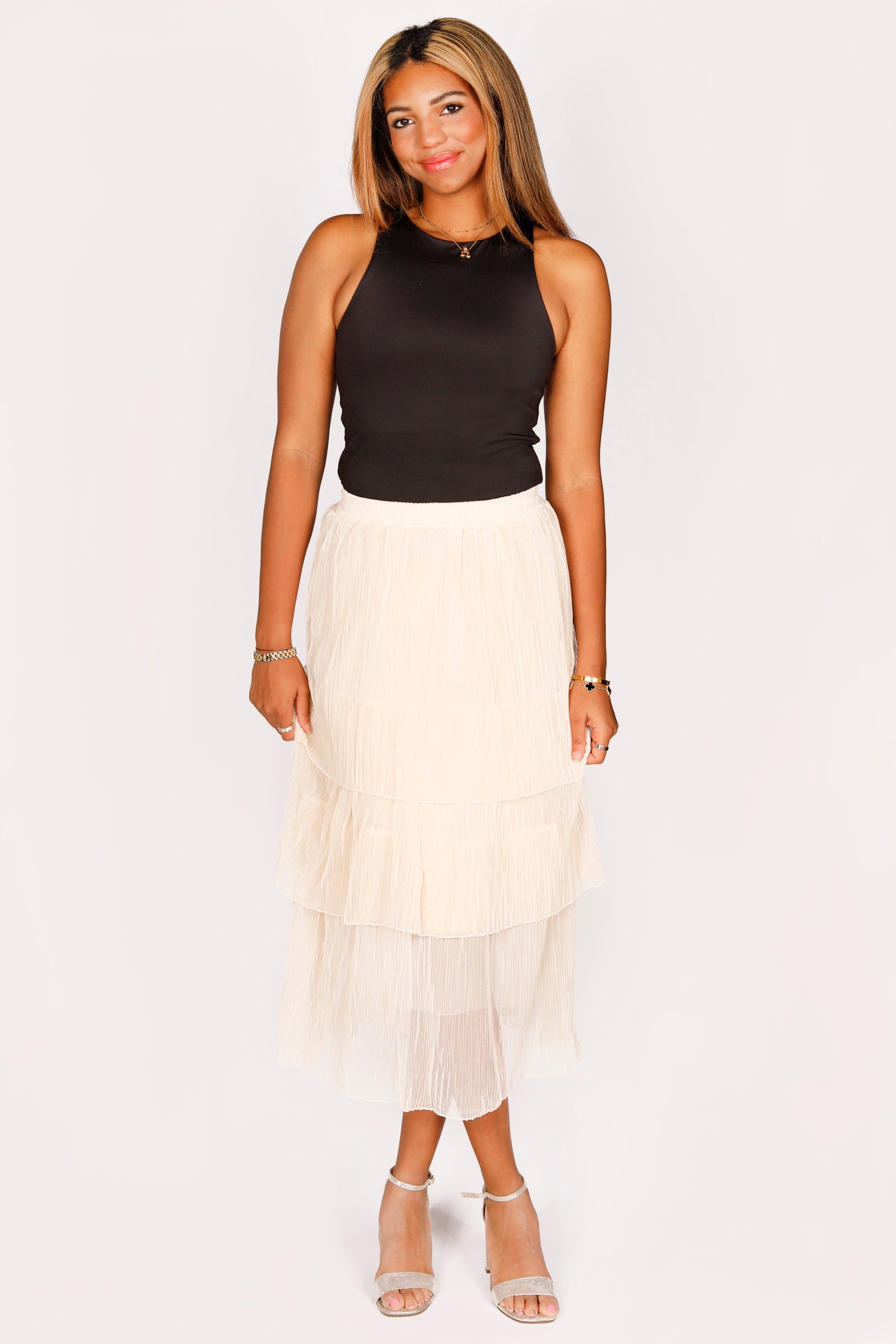Pearled Ivory Tiered Midi Skirt