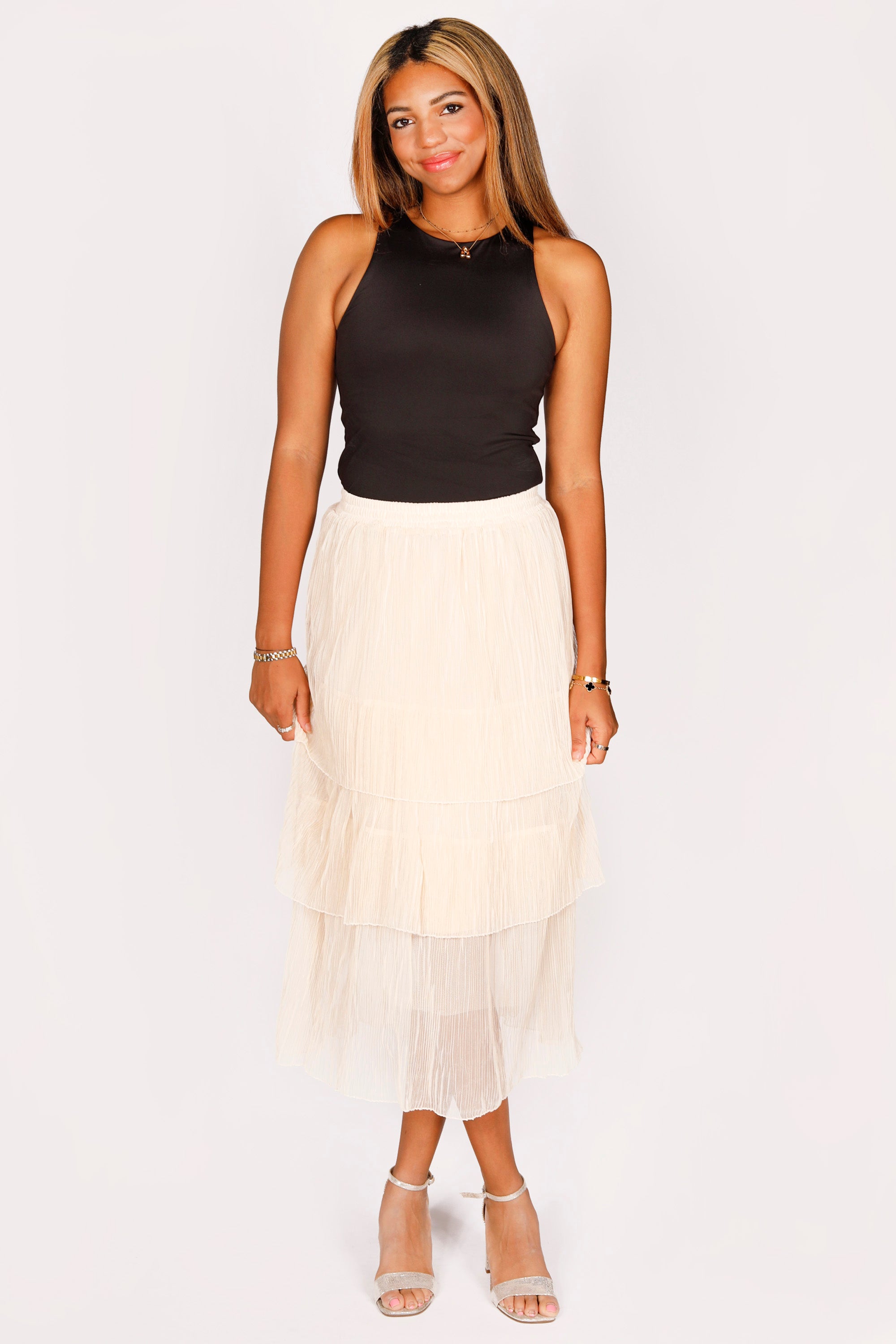 Pearled Ivory Tiered Midi Skirt