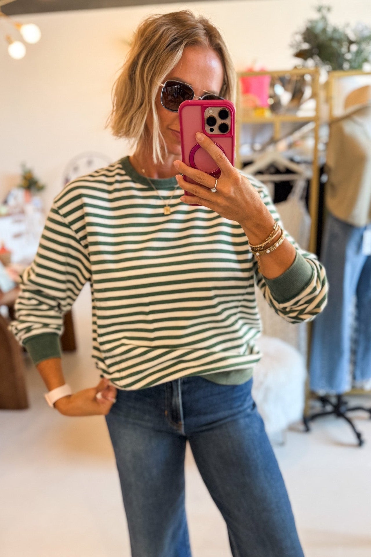 Savannah Green Stripe Crewneck