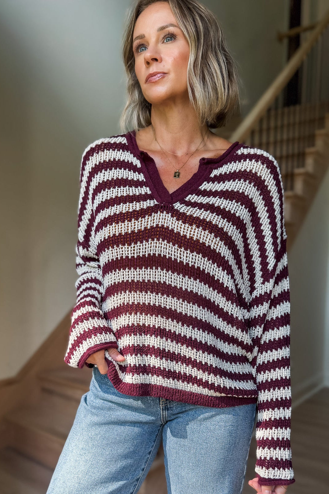 Donna Burgundy Stripe V-Neck Sweater