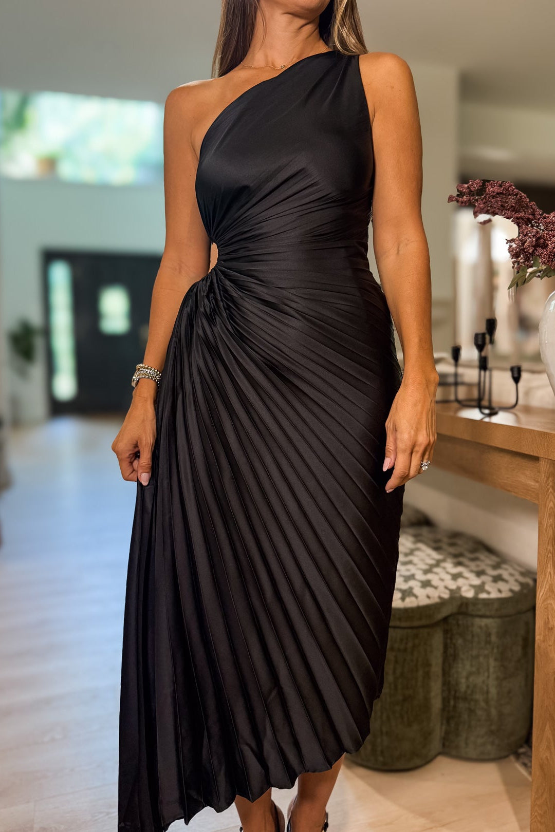 Black Satin Asymmetrical Maxi Dress