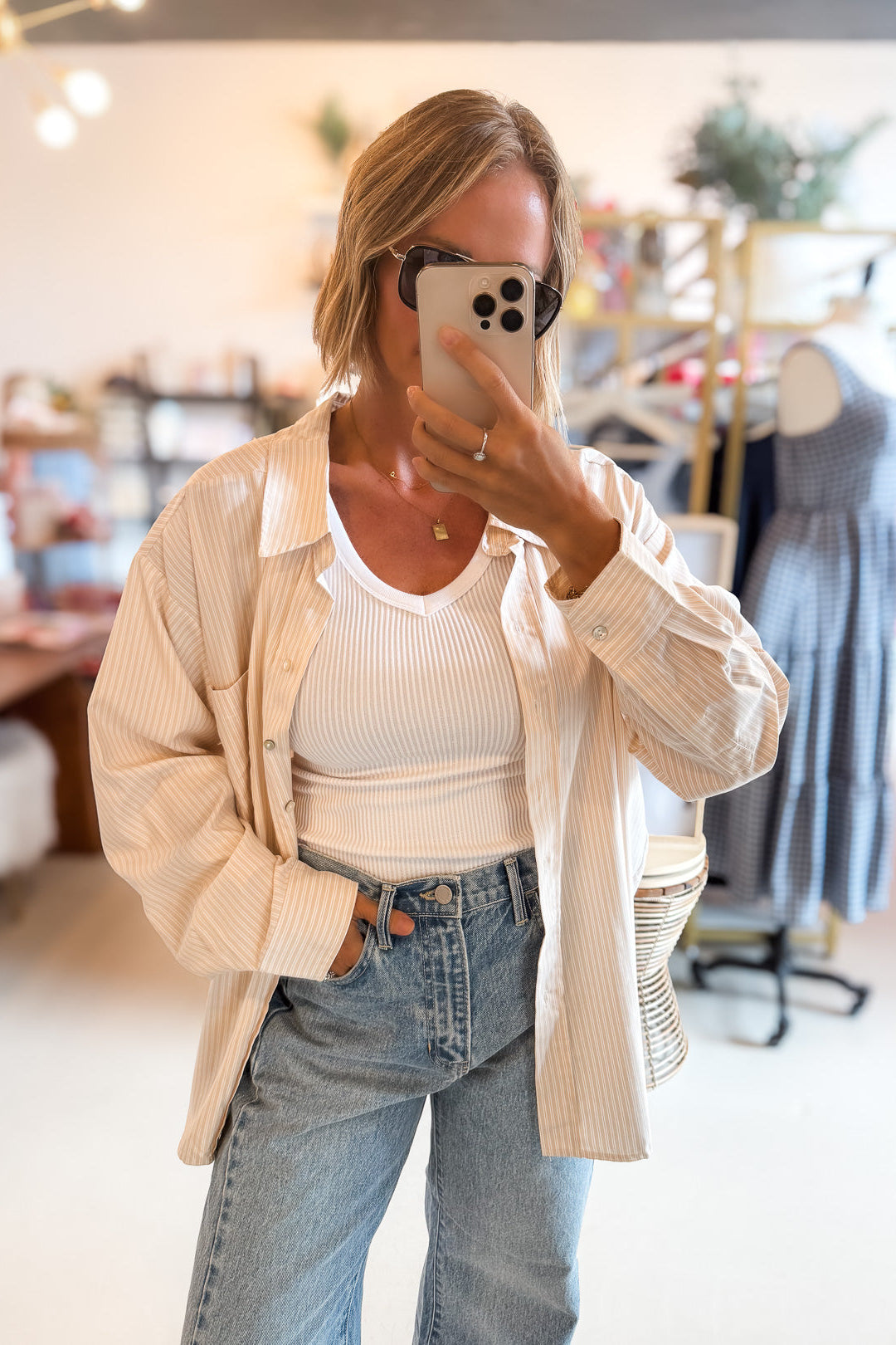 Jennifer Beige Stripe Button Up
